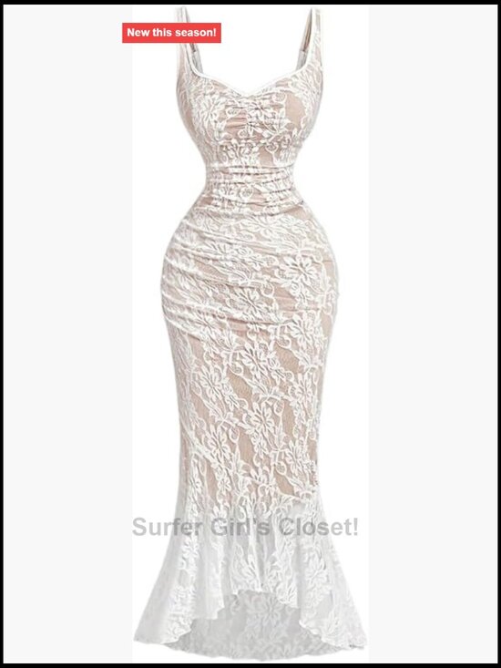 Dresses & Skirts - Women's Lace Bodycon Fishtail Midi Dress Sleeveless Sweetheart Neck Wedding